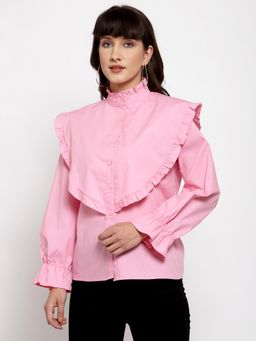 IKI CHIC - Women'S Long Ruffle Shirt-Pink