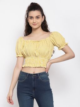 IKI CHIC - Yellow Check Print Smocked Underbust Crop Top