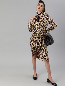IKI CHIC - Women V-Neck Leopard Print Midi Dress