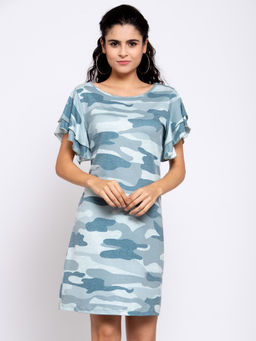 IKI CHIC - Flared Short Sleeve Camouflage Dress