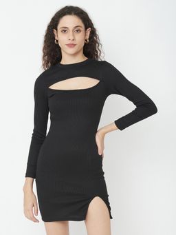 IKI CHIC - Black Ribbed Long Sleeve Cut Out Thumb Hole Bodycon Dress