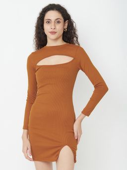 IKI CHIC - Brown Ribbed Long Sleeve Cut Out Thumb Hole Bodycon Dress