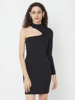 IKI CHIC - Black Knitted Asymmetric Cut Out Neck Bodycon Dress