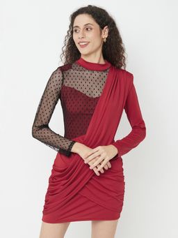 IKI CHIC - Wine Red Assymetrical Mesh Turtleneck Ruched Bodycon Party Dress