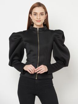 IKI CHIC - Black Puff Sleeve Zip Closure Top
