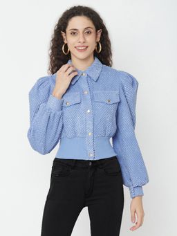 IKI CHIC - Blue Puff Sleeve Button Down Shirt