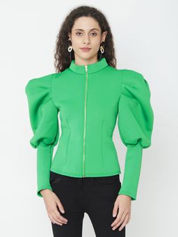 IKI CHIC - Green Puff Sleeve Zip Closure Top