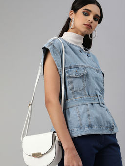 IKI CHIC - Women Solid Denim Vest Jacket With Belt