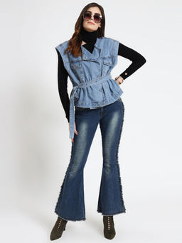 IKI CHIC - Women Solid Denim Vest Jacket With Belt