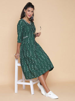 Biba - Green Cotton Ikkat Kurta Dress (Set of 2)