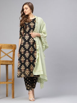 Idalia - Black Printed Kurta Set With Sage Green Dupatta