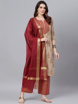 Idalia - Multi Color Boota Printed Kurta with Stripes Palazzo Pants And Dupatta (Set of 3)