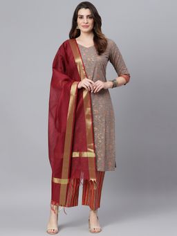 Idalia - Multi Color Jaal Printed Kurta with Stripes Palazzo Pants And Dupatta (Set of 3)