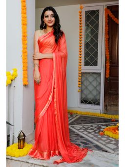 Indi Inside - Coral Swarovski Saree With Satin Boder With Unstitched Blouse