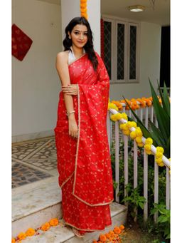 Indi Inside - Red Foil Printed Saree Embellished With Gota Lace With Unstitched White Blouse