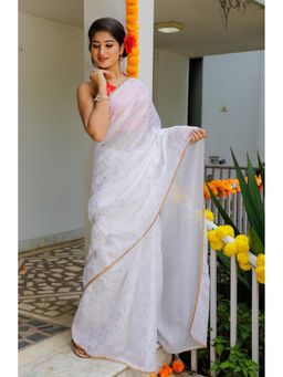 Indi Inside - White Foil Printed Saree Embellished With Gota Lace With Unstitched Red Blouse