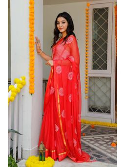 Indi Inside - Coral Embroidered Saree With Satin Boder With Unstitched Blouse