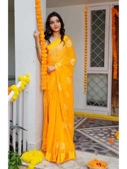 Indi Inside - Gold Yellow Embroidered Saree With Satin Boder With Unstitched Blouse