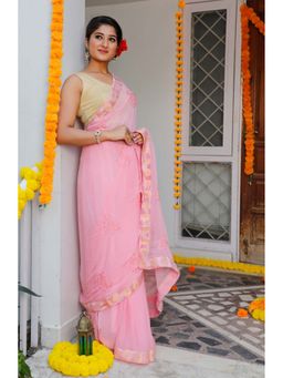 Indi Inside - Light Pink Embroidered Saree With Jacquard Border With Unstitched Blouse