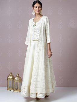 Biba - Off White Printed Jacket With Top And Skirt (Set of 3)