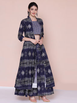 Biba - Blue Printed Jacket With Crop Top And Sharara (Set of 4)