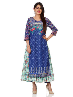 Biba - Blue Printed Kurta With Inner (Set of 2)