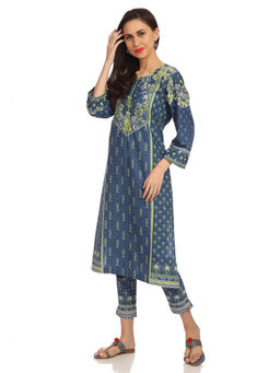 Biba - Blue Printed A-Line Cotton Kurta