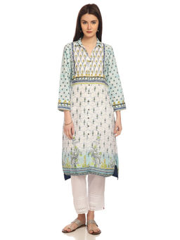 Biba - Off White Printed Straight Kurta