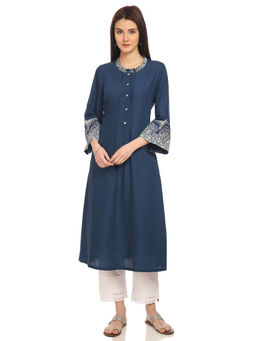 Biba - Navy Blue A-Line Solid Kurta