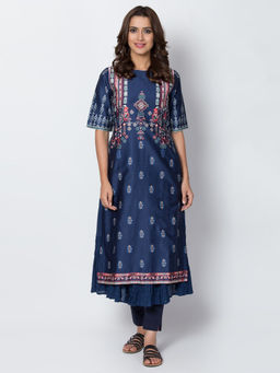 Biba - Navy Blue Printed Kurta With Inner (Set of 2)