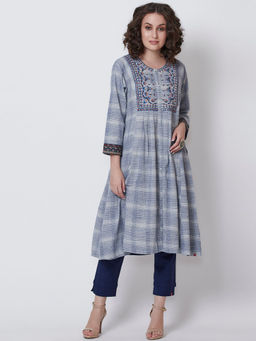 Biba - Blue Checkered Front Open Kurta