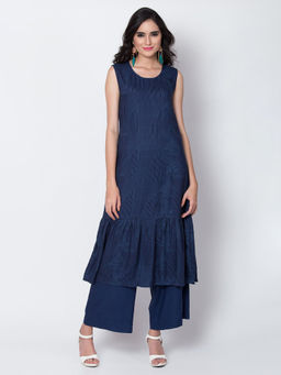 Biba - Navy Blue Printed Front Open Kurta With Inner & Necklace (Set of 2)