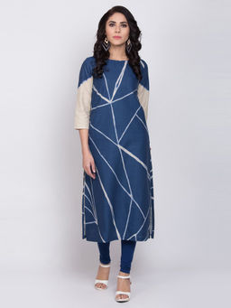 Biba - Navy Blue Abstract Print Straight Kurta