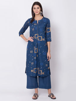 Biba - Navy Blue Printed Straight Kurta