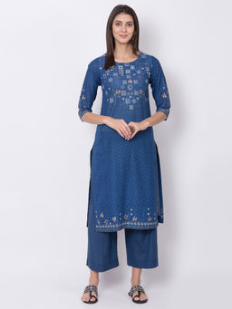 Biba - Navy Blue Printed Straight Kurta
