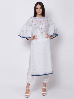 Biba - White Printed Straight Kurta