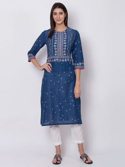 Biba - Navy Blue Printed Straight Kurta