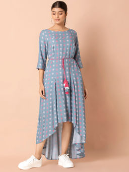 Indya - Powder Blue Boota Flared High Low Dress With Dori Belt (Set of 2)