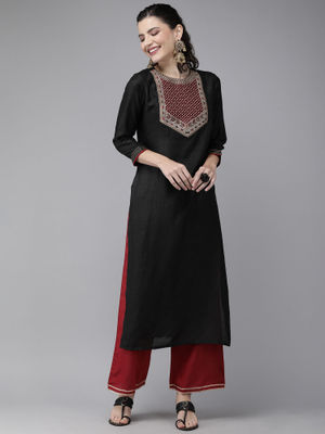 Indo Era Black Solid Straight Kurtas