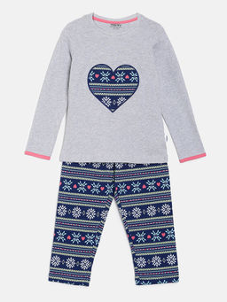 mackly - Tribal Grey Melange & Navy Blue Printed Top With Pyjama (Set of 2)