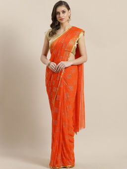 ISHIN - Orange Chiffon Rubber Printed Women Saree With Blouse Piece