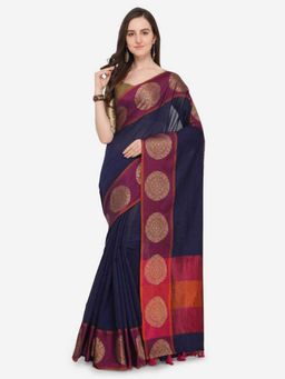 ISHIN - Navy Blue Floral Printed Saree With Unstiched Blouse