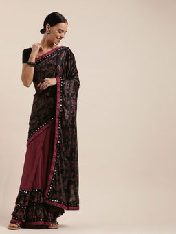ISHIN - Maroon Floral Printed Saree With Unstiched Blouse