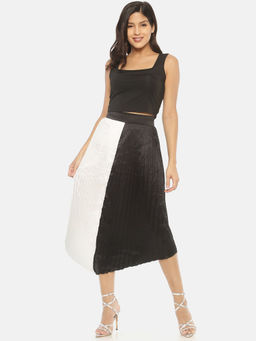 IS.U - Black Color Block Pleated Midi Skirt