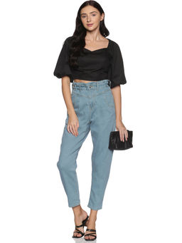 IS.U - Black Puff Sleeve Smocked Crop Top