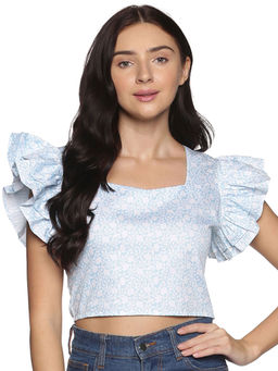 IS.U - Blue Floral Ruffle Sleeve Crop Top