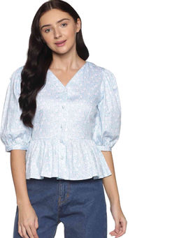 IS.U - Blue Floral Puff Sleeve Peplum Top