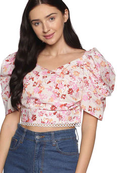 IS.U - Pink Floral Puff Sleeve Wrap Crop Top