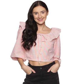 IS.U - Orange Balloon Sleeve Striped Seersucker Top