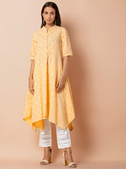 Indya - Yellow Printed Cotton High Low Tunic